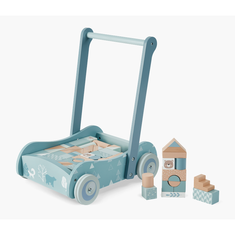 Bubble Wooden Baby Push Cart & Walker with 46 Building Blocks