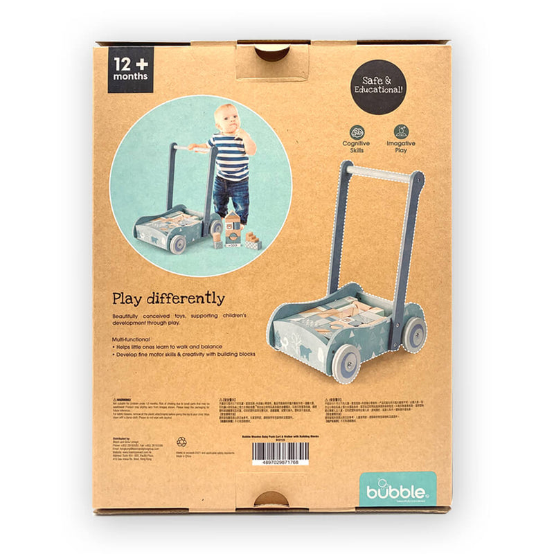 Bubble Wooden Baby Push Cart & Walker with 46 Building Blocks