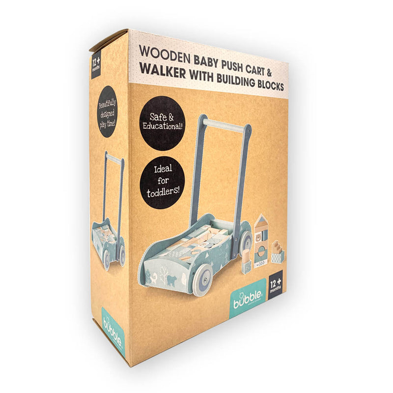 Bubble Wooden Baby Push Cart & Walker with 46 Building Blocks