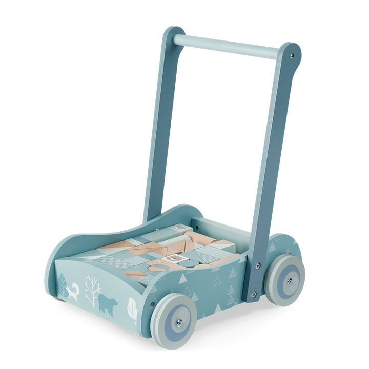 Bubble Wooden Baby Push Cart & Walker with 46 Building Blocks