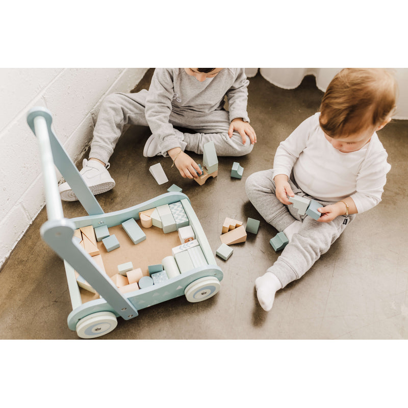 Bubble Wooden Baby Push Cart & Walker with 46 Building Blocks