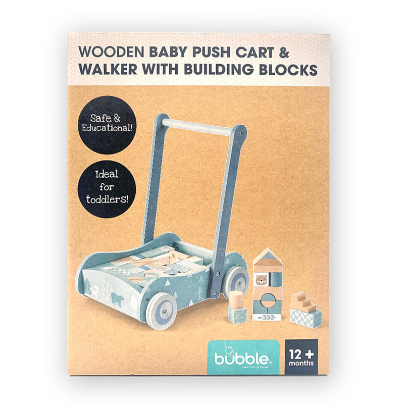 Bubble Wooden Baby Push Cart & Walker with 46 Building Blocks