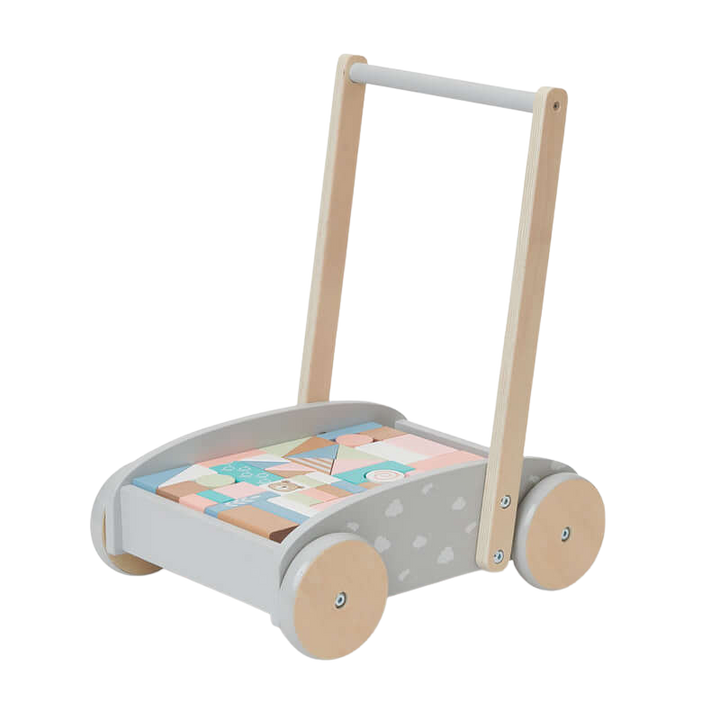 Bubble Wooden Baby Push Cart & Walker with 46 Building Blocks